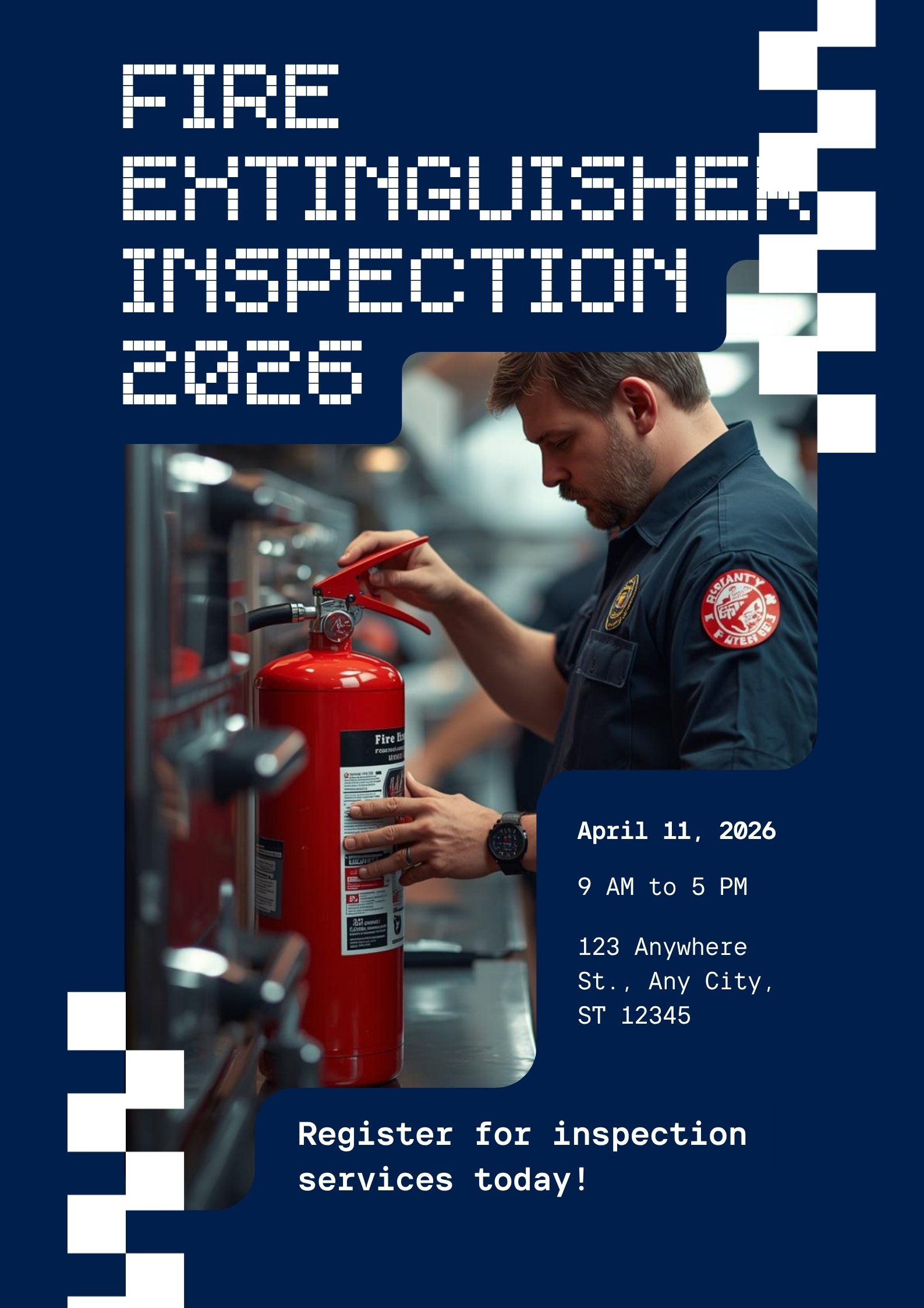 Fire protection technician inspecting a commercial fire extinguisher