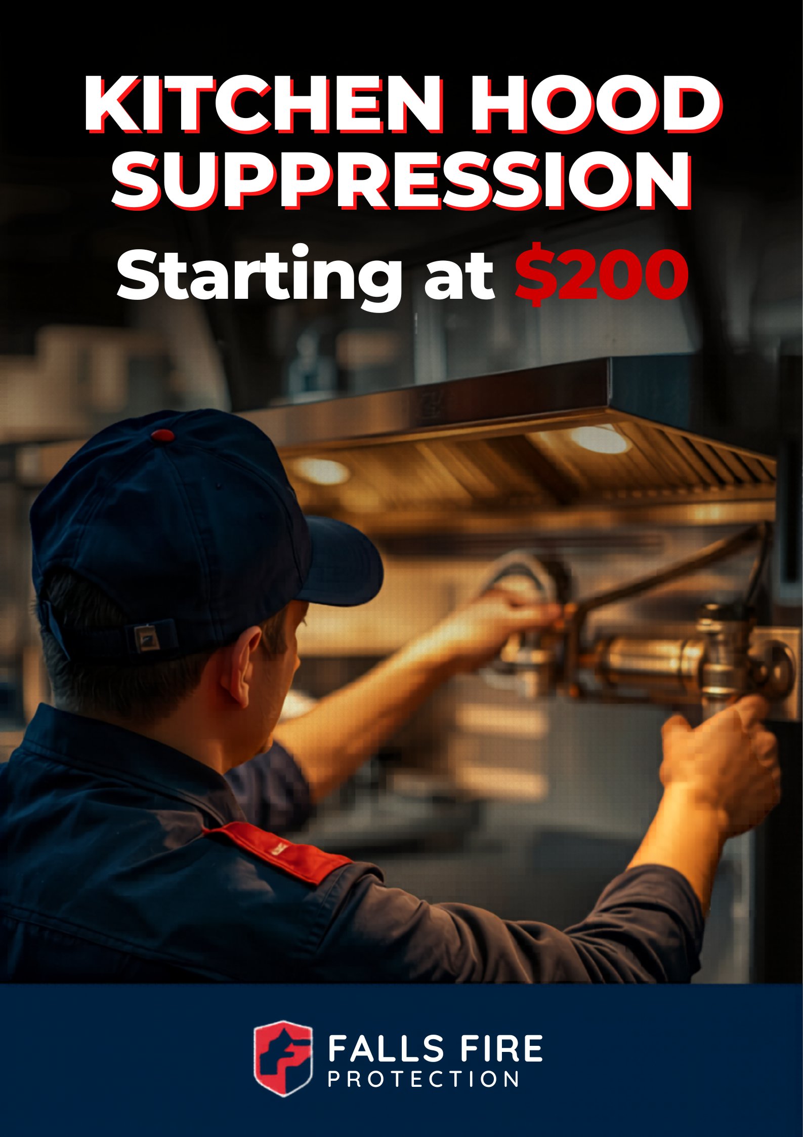 Technician inspecting a commercial kitchen hood suppression system